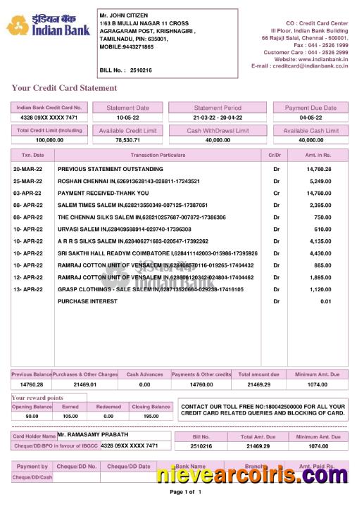 India Indian Bank statement, Word and PDF format, 2 pages